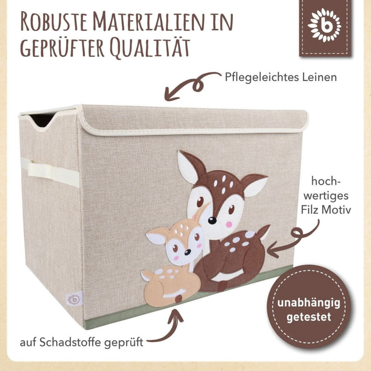 Aufbewahrungskiste mit Reh-Aufdruck, Tragegriffen und personalisierter Beschriftung – Geschenk zur Geburt
