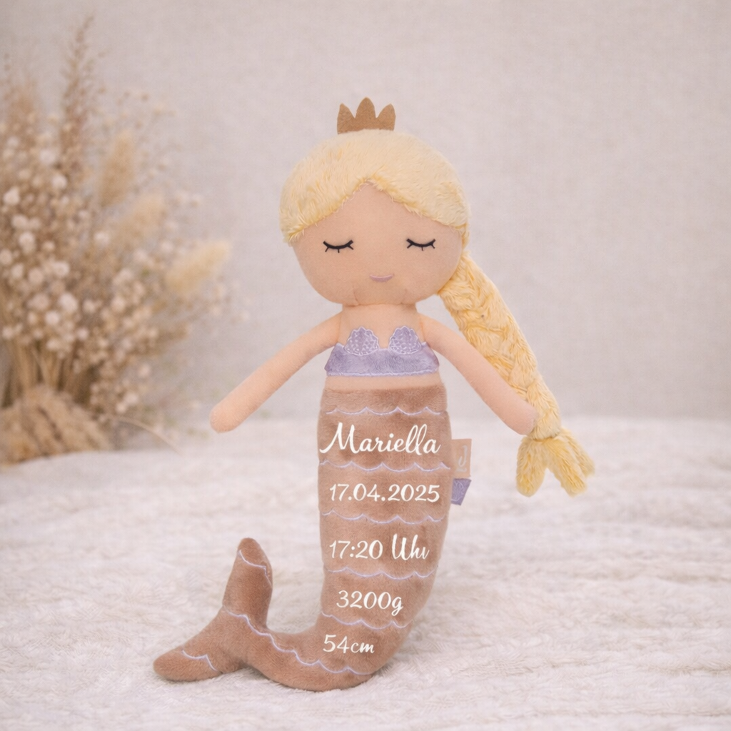 Personalisiertes Meerjungfrau Kuscheltier mit Name und Geburtsdaten für Kinder - Geschenkidee zur Geburt, Geburtstag oder saisonale Anlässe wie Ostern, Weihnachten und co. 