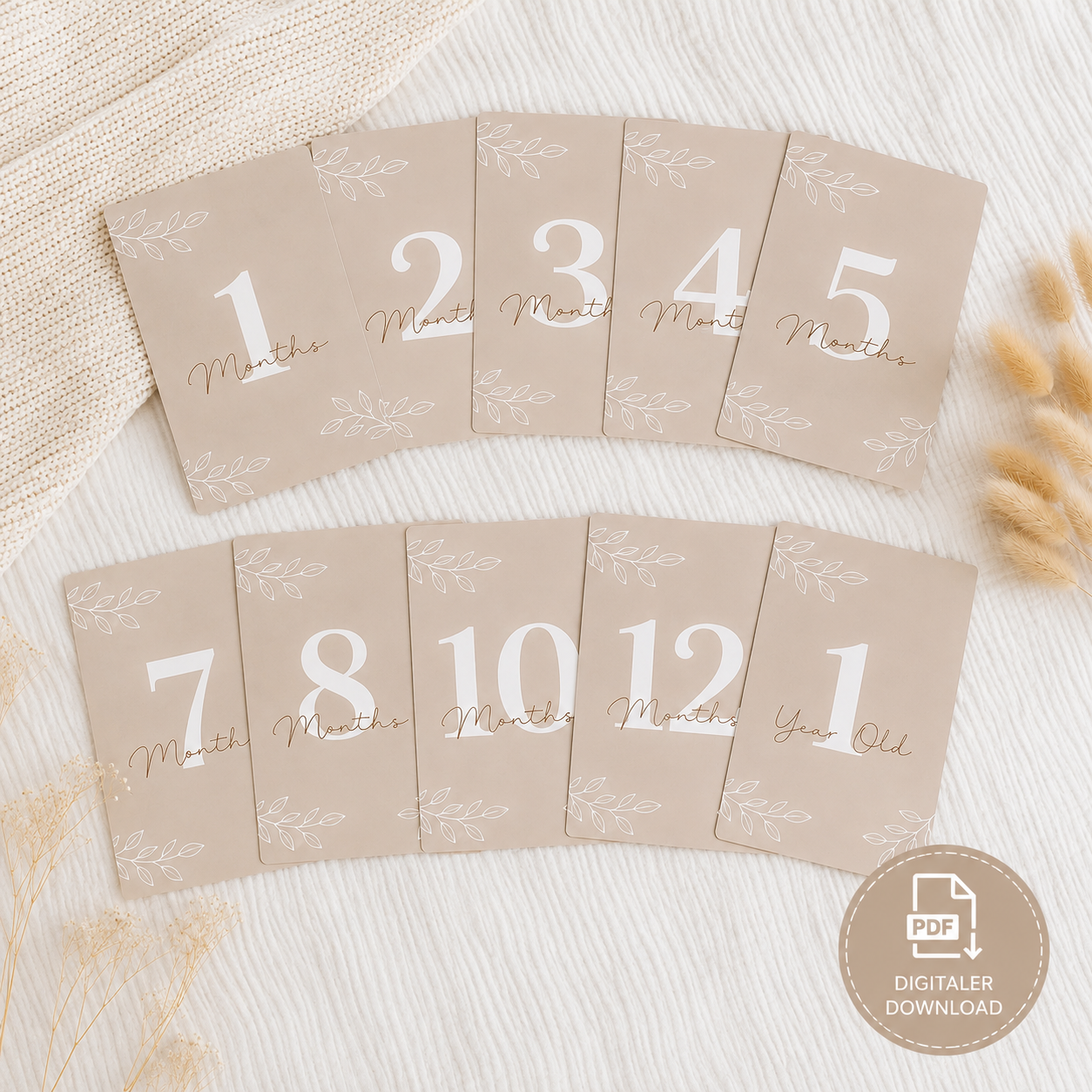 Baby Meilensteinkarten von 1 Monat bis 1 Jahr als digitaler PDF Download im Boho Stil