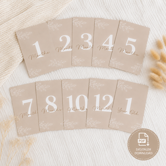 Baby Meilensteinkarten von 1 Monat bis 1 Jahr als digitaler PDF Download im Boho Stil