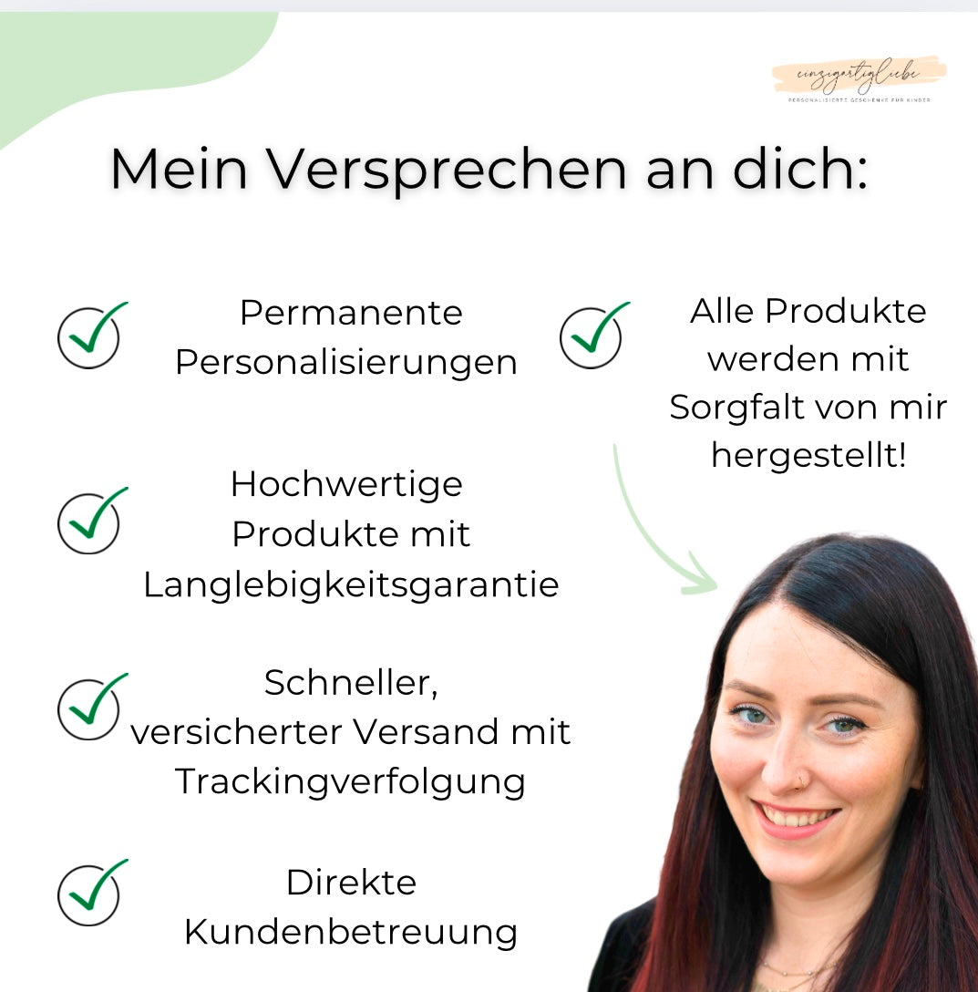 Permanente Personalisierungen, Hochwertige Produkte mit Langlebigkeitsgarantie, Schneller, versicherter Versand mit Trackingverfolgung, Direkte Kundenbetreuung, Alle Produkte werden mit Sorgfalt von mir hergestellt! - einzigartigliebe