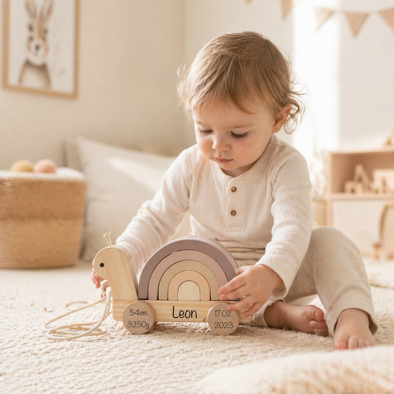 Motorikspielzeug Nachzieh-Schnecke aus Holz für Kinder mit individueller Gravur