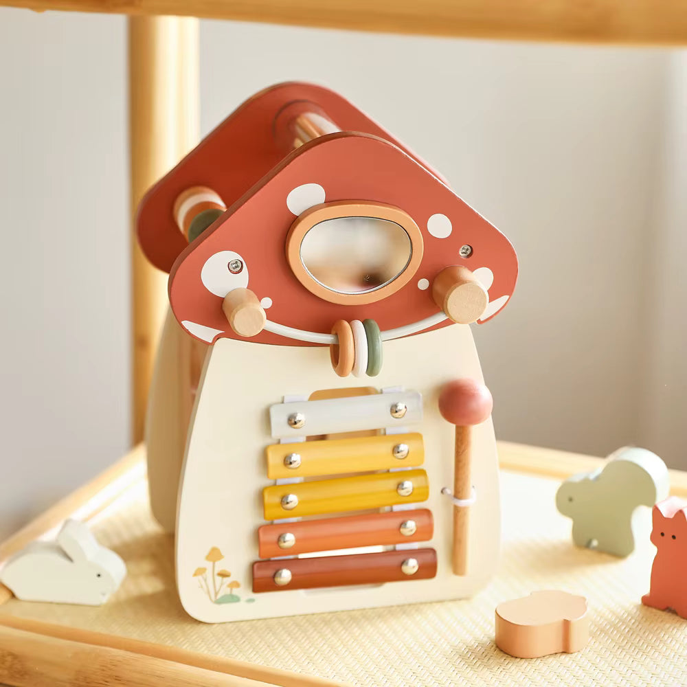 Motorikwürfel in Pilzform aus Holz mit personalisierter Gravur – perfektes Geschenk für Babys und Kleinkinder