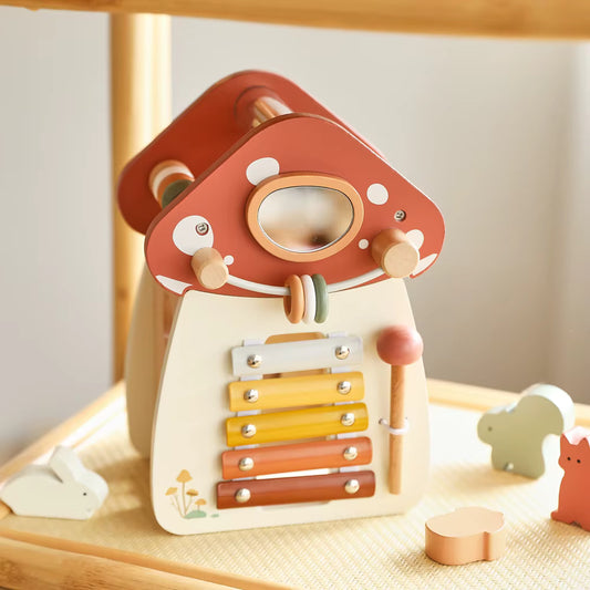 Motorikwürfel in Pilzform aus Holz mit personalisierter Gravur – perfektes Geschenk für Babys und Kleinkinder