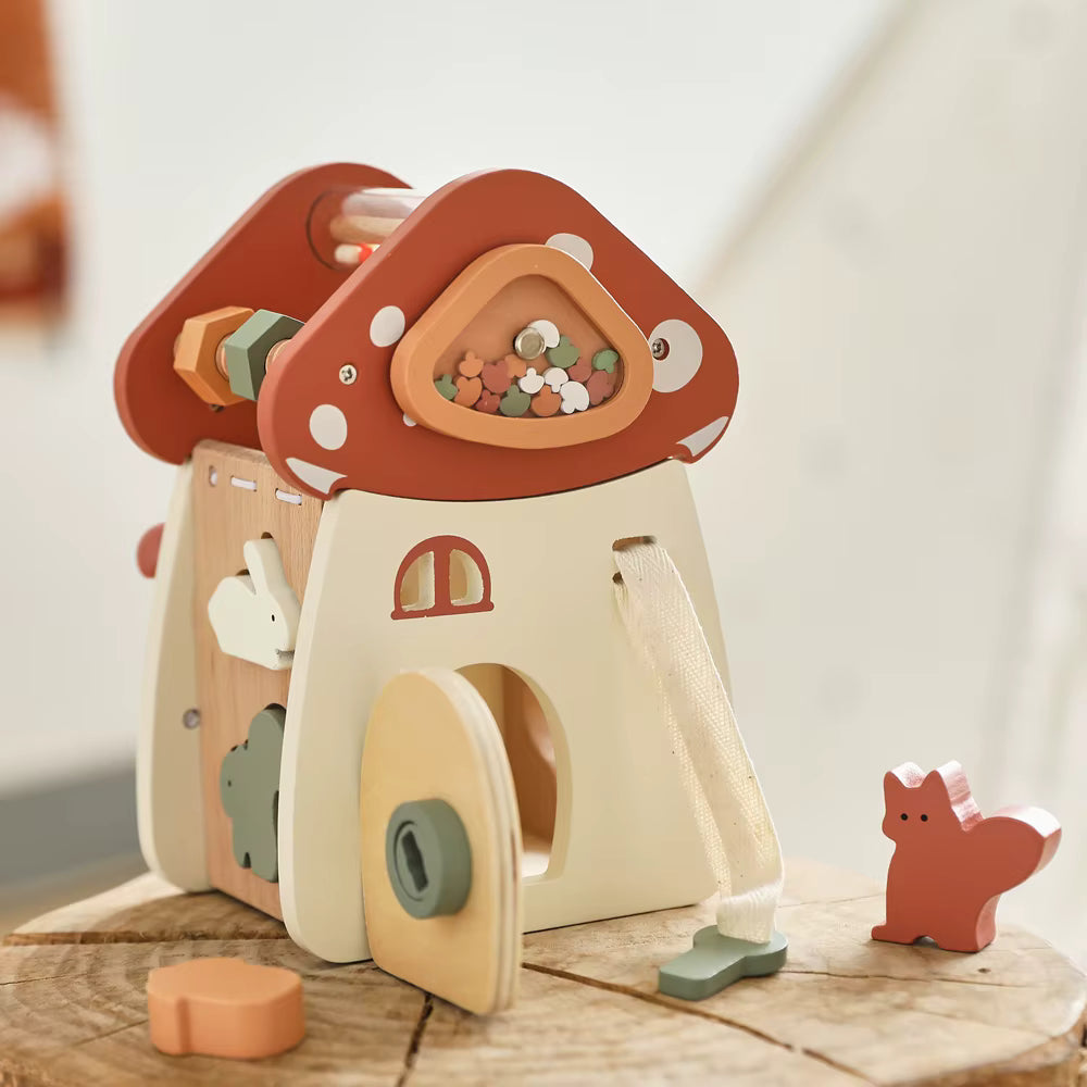 Motorikwürfel Pilzform als Geschenk zur Taufe oder zum 1. Geburtstag – nachhaltiges Holzspielzeug für Kinder