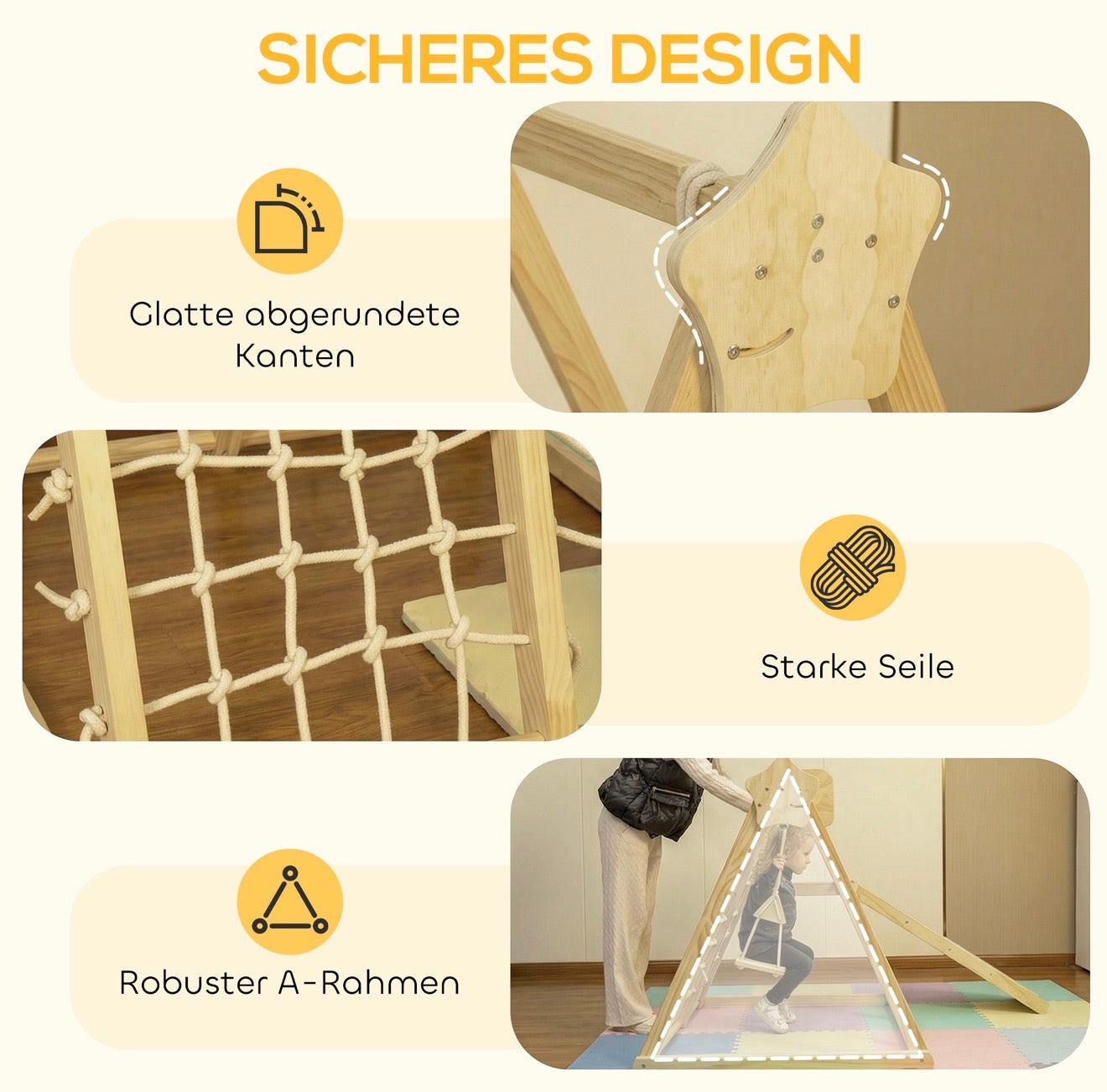 Natürliches Holzspielzeug Klettergerüst mit Rutsche im hellen Kinderzimmer