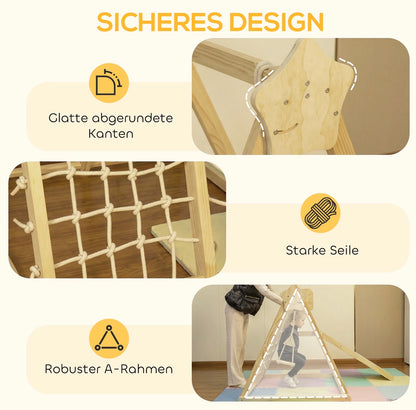 Natürliches Holzspielzeug Klettergerüst mit Rutsche im hellen Kinderzimmer