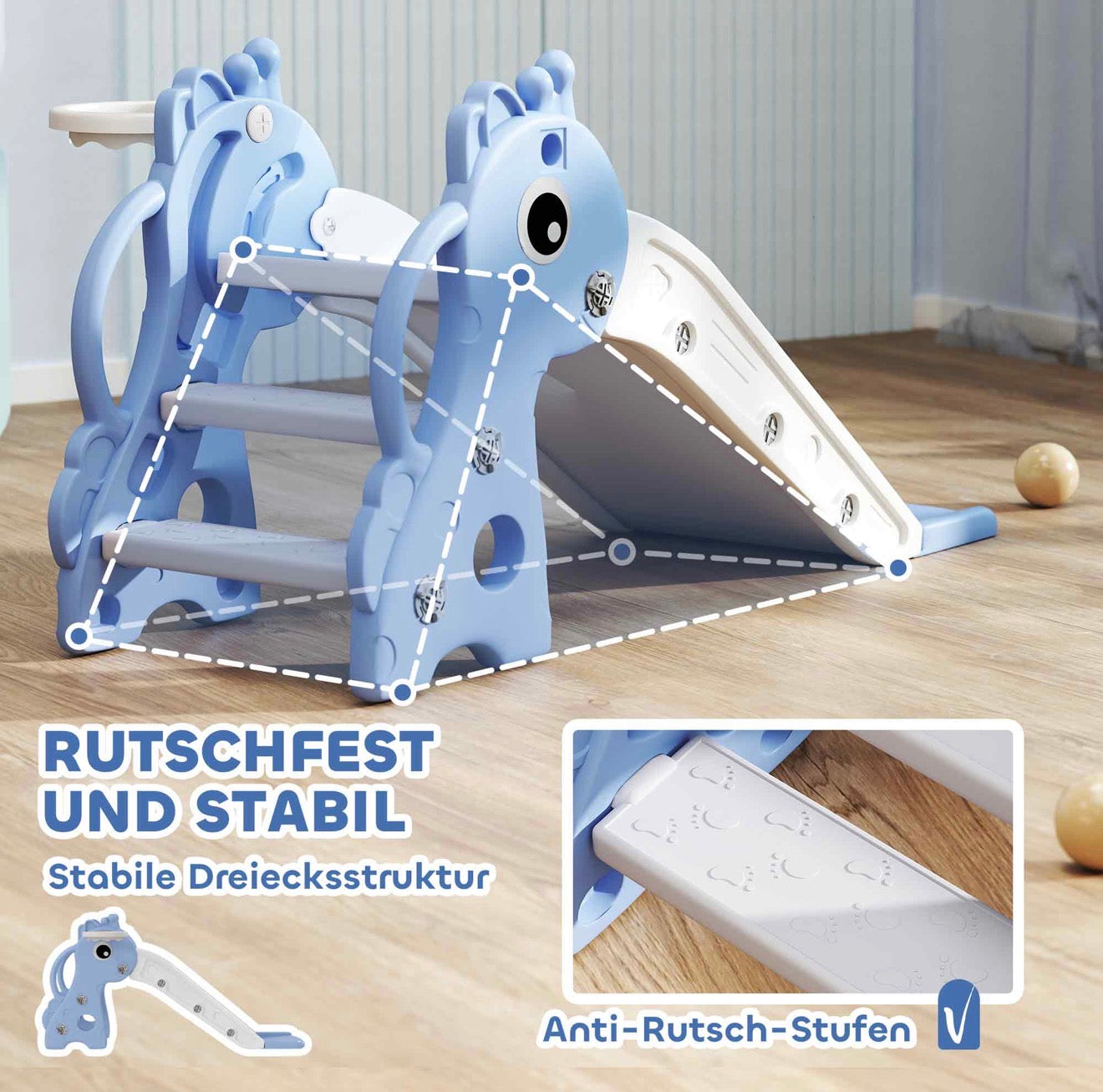 Niedrige Kinderrutsche blau für sicheres Spielen im Haus
