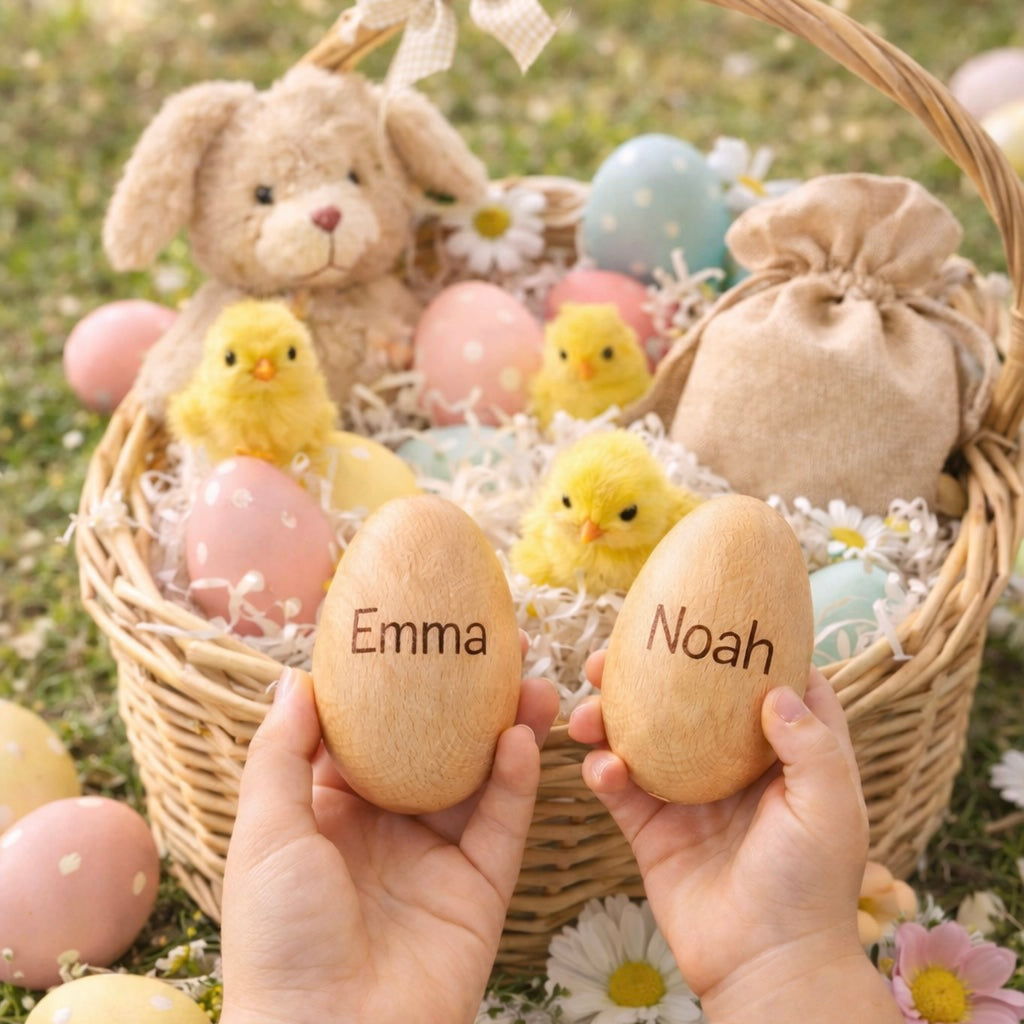 Ostergeschenk für Babys mit Gravur, Holzrassel mit Name graviert, Ostergeschenk aus Holz