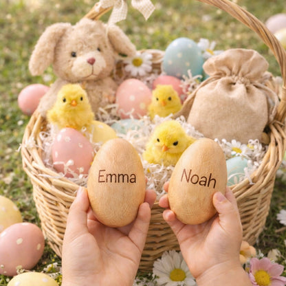 Ostergeschenk für Babys mit Gravur, Holzrassel mit Name graviert, Ostergeschenk aus Holz