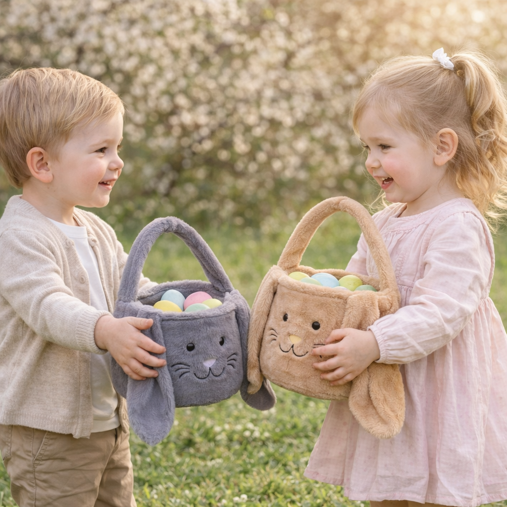 Plüsch hasenkorb zum Eier sammeln als Ostergeschenk - Personalisiert im Ohr mit Name des Kindes 