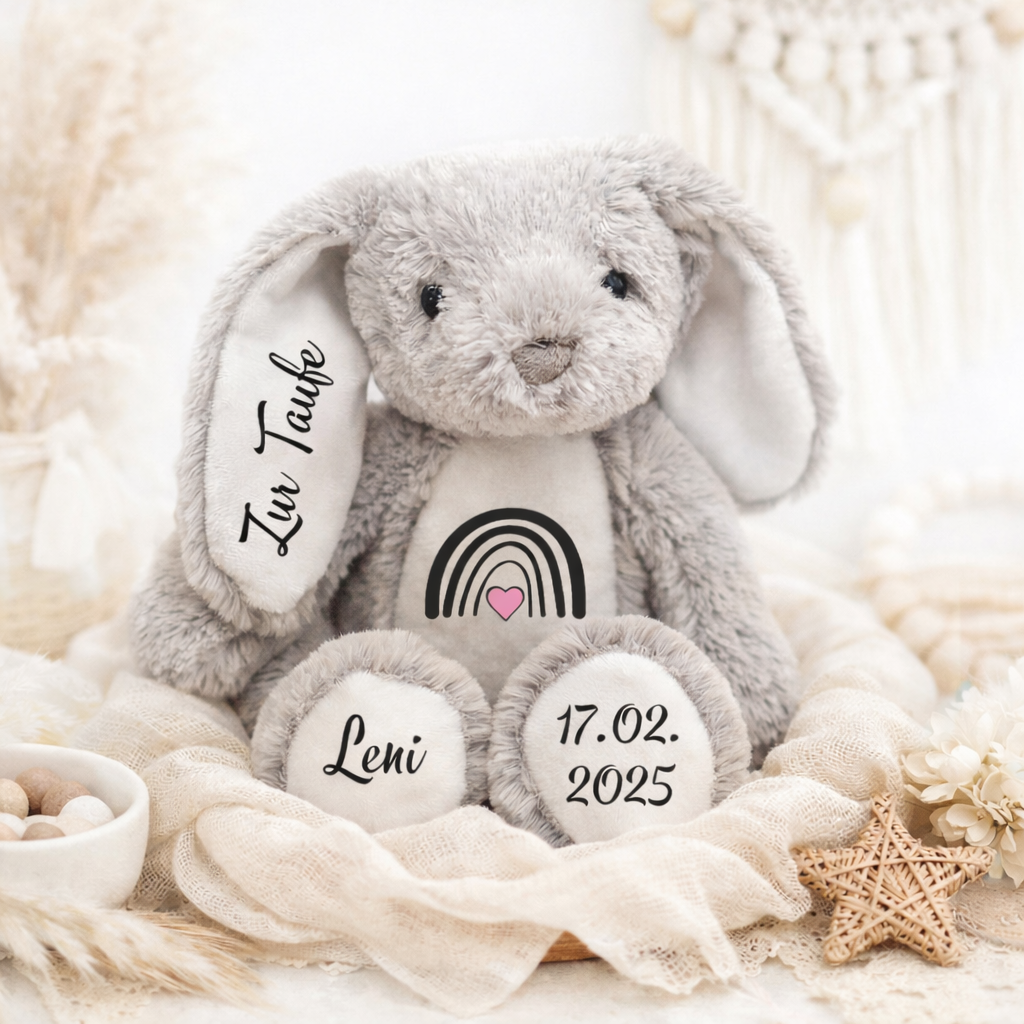 Persönliches Taufgeschenk für Mädchen und Jungen ab 0 Monaten- Personalisierter Kuschelhase mit Name und Geburtsdaten 