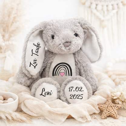Persönliches Taufgeschenk für Mädchen und Jungen ab 0 Monaten- Personalisierter Kuschelhase mit Name und Geburtsdaten 