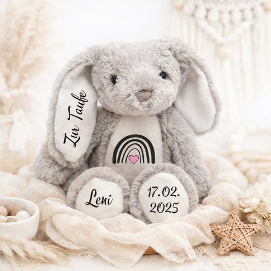 Persönliches Taufgeschenk für Mädchen und Jungen ab 0 Monaten- Personalisierter Kuschelhase mit Name und Geburtsdaten 
