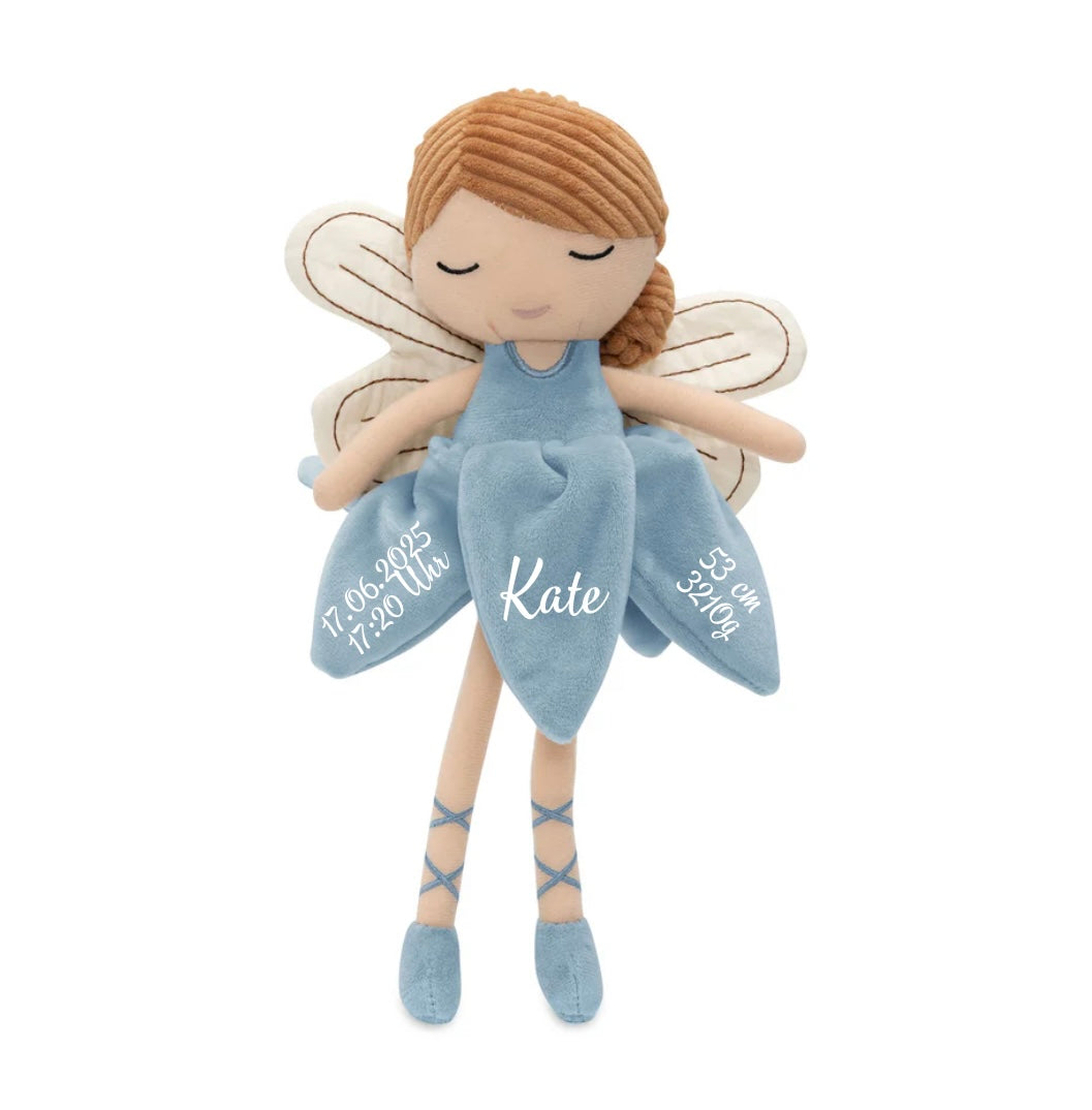 Personalisierte Fee aus Stoff in Blau – Kuscheltier mit Name & Geburtsdaten für Babys