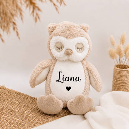 Personalisierte Eule mit Name in Beige - Kuscheliges Geschenk zur Geburt 