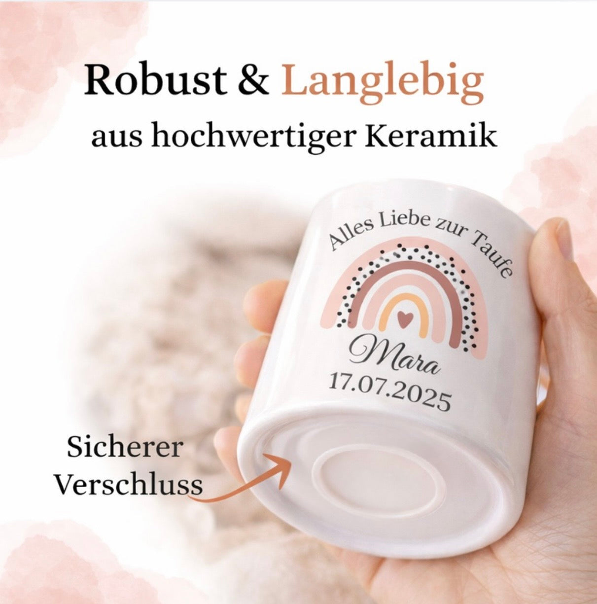     Personalisierte Geldgeschenk-Spardose aus Keramik zur Taufe mit Name und Datum – einzigartige Geschenkidee für Babys.