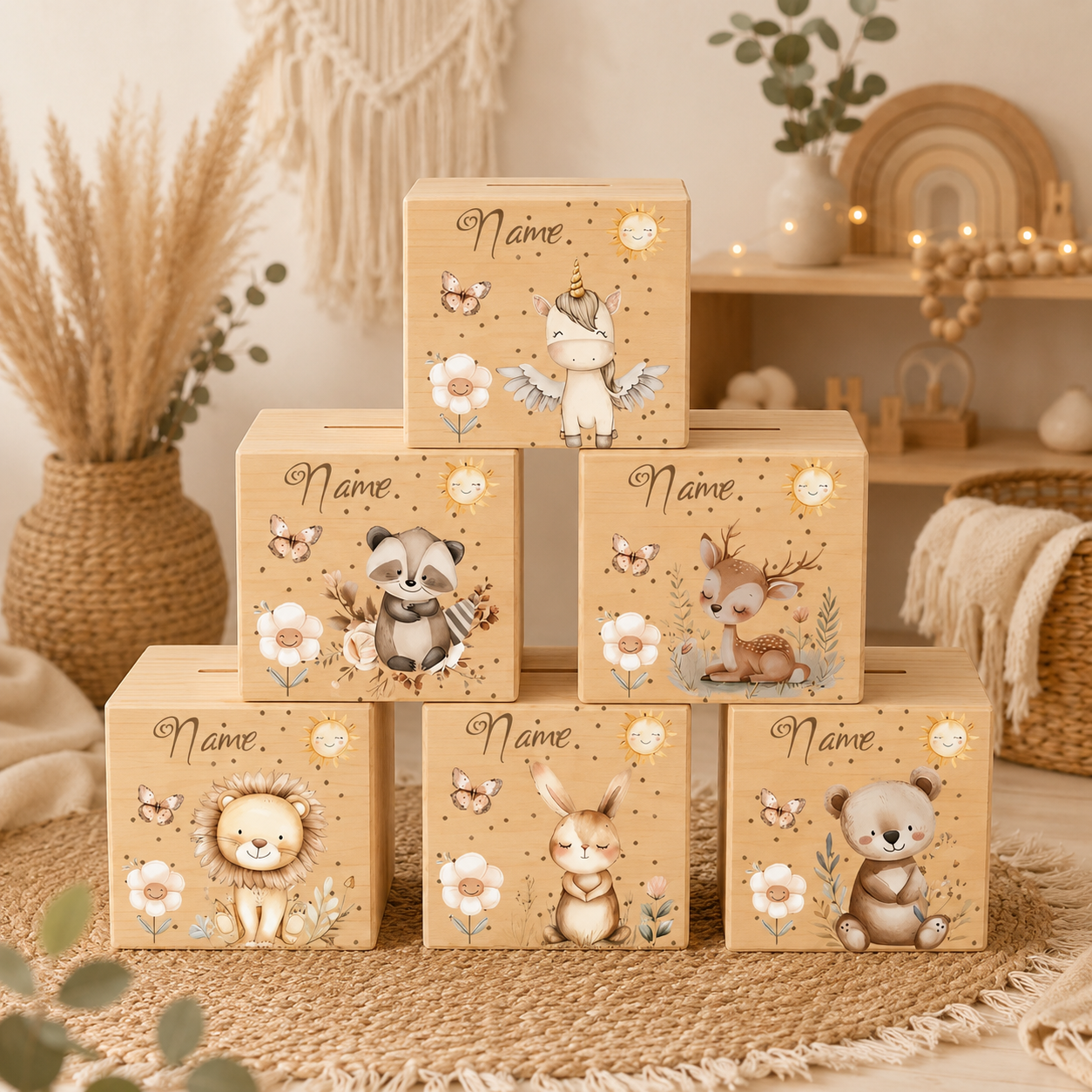 Personalisierte Holz-Spardosen mit Wunschname und niedlichen Tiermotiven im Boho-Stil als Geschenk zur Geburt, Taufe oder zum Geburtstag.