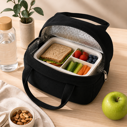 Schwarze personalisierte Kühltasche mit Name Noah für Snacks und Brotdose