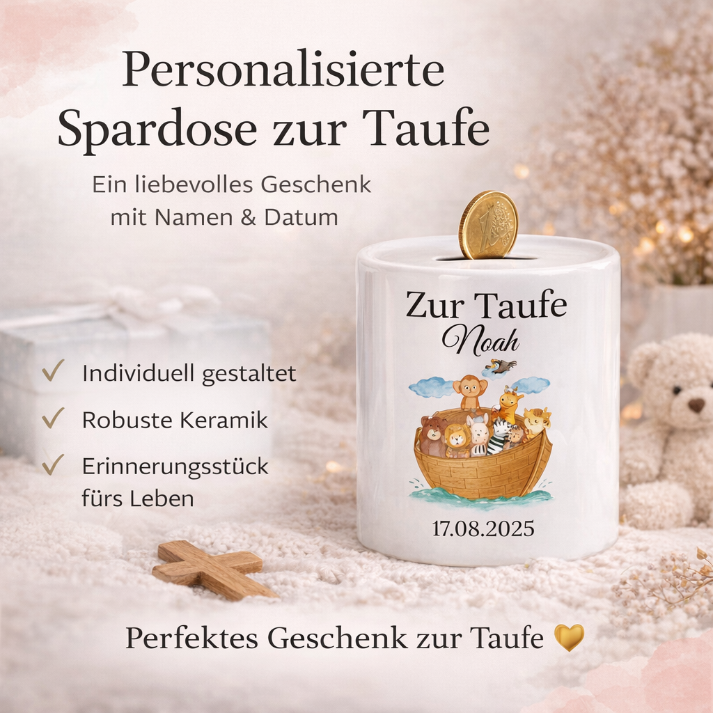     Personalisierte Keramik Spardose mit Arche Noah, Name und Taufdatum – liebevolles Taufgeschenk für Mädchen und Jungen mit hochwertigem Druck.