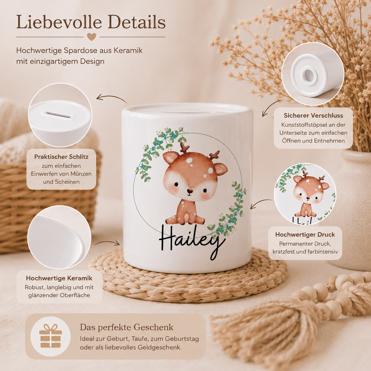 Personalisierte Keramik Spardose mit niedlichem Reh-Motiv, Wunschname und Geburtsdaten im Boho-Stil – liebevolles Geschenk zur Geburt, Taufe oder zum Geburtstag.