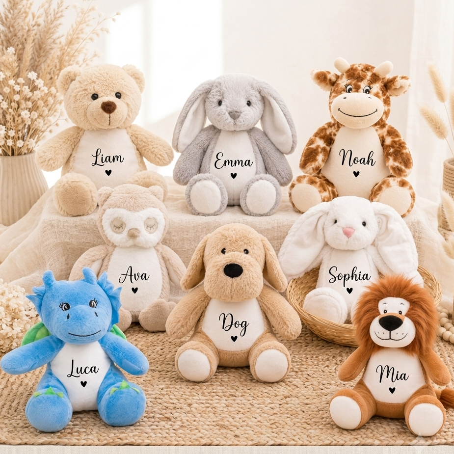 Personalisierte Kuscheltiere mit Namen – Teddy, Hase, Hund, Löwe, Giraffe, Dino, Eule und Elefant als Geschenk zur Geburt oder Taufe