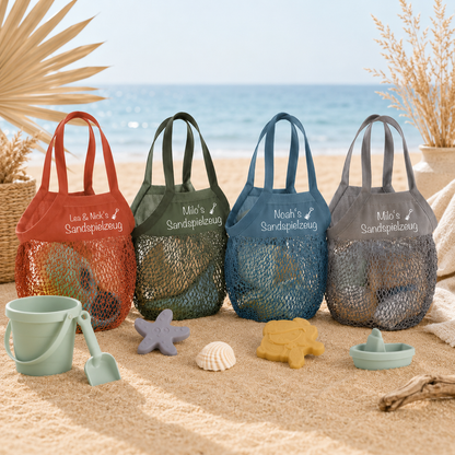 Personalisierte Netz Tasche für Sandspielzeug in vier modernen Farben