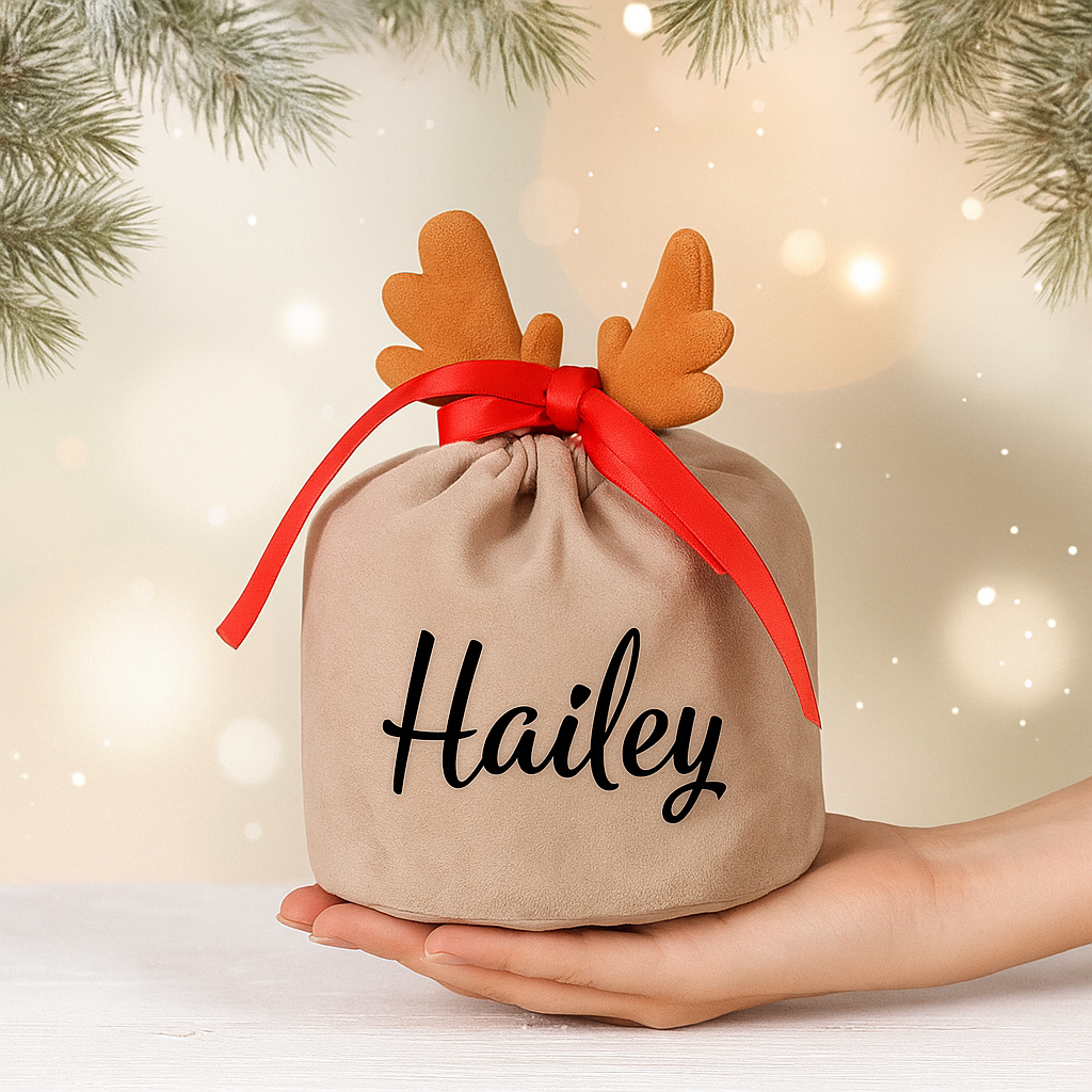 Personalisierter Geschenksack mit Name / Geschenksäckchen Weihnachten Samt Rentier