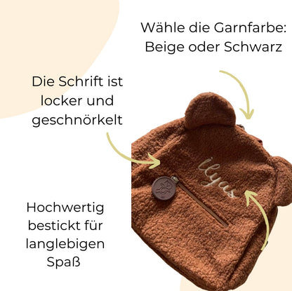 Gravierter Kindergartenrucksack aus Teddyplüsch mit Name