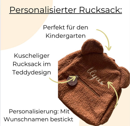 Kuscheliger Kinderrucksack im Teddydesign mit Wunschnamen bestickt