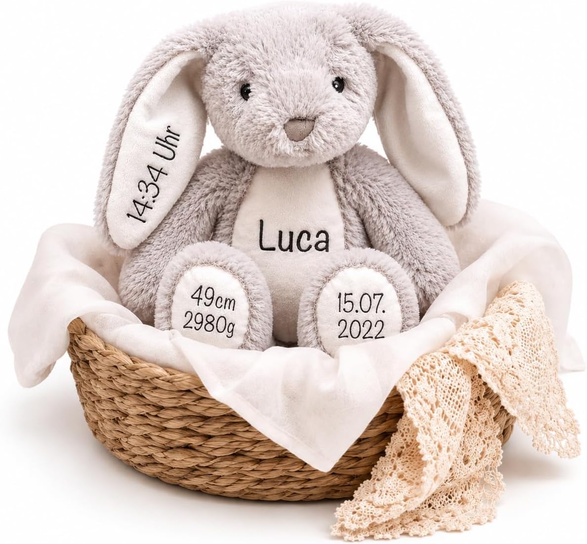 Personalisierter Kuscheltier Hase mit Namen und Geburtsdaten – Geschenk zur Geburt, Taufe oder zu Ostern für Babys und Kinder - Erinnerungsgeschenk