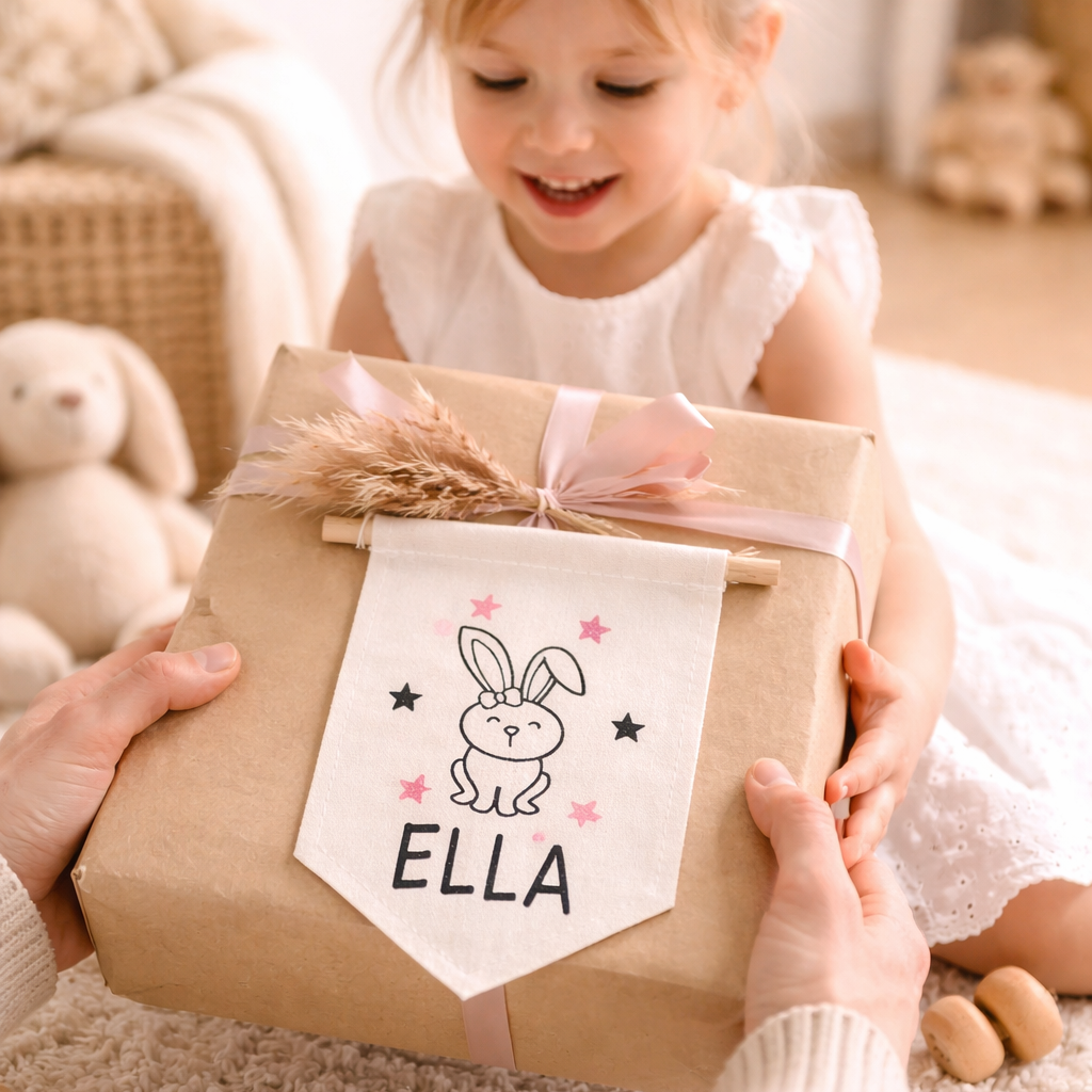 Personalisierter Wimpel mit Namen Ella und Hasenmotiv als Kinderzimmer Deko