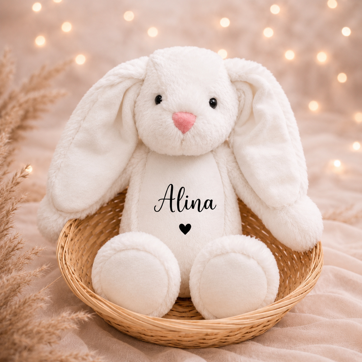 Personalisierter weißer Hase mit Wunschname – flauschiges Kuscheltier zur Geburt oder Taufe