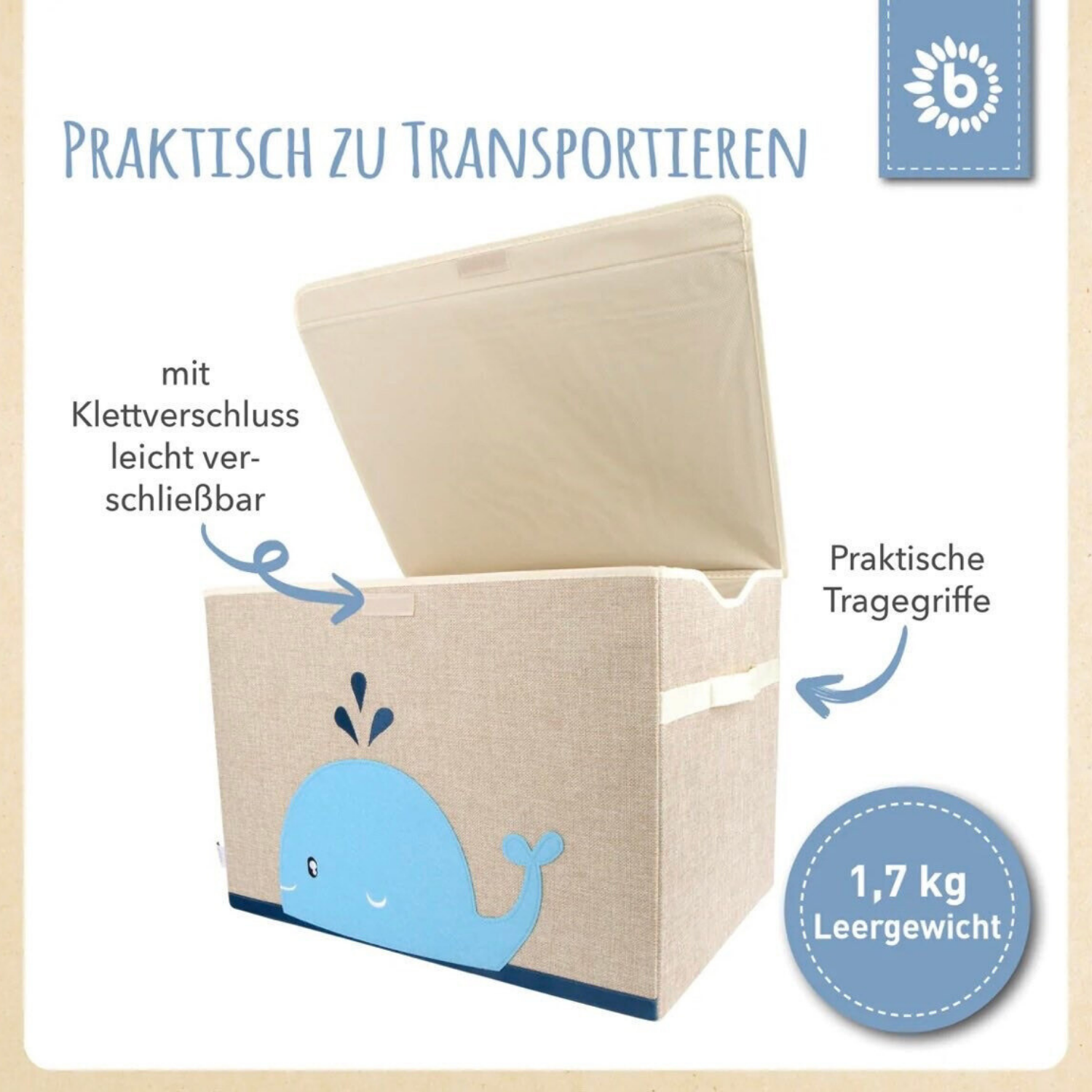 Aufbewahrungskiste mit Tragegriffen und Igel-Aufdruck – personalisiertes Geschenk für Kinder