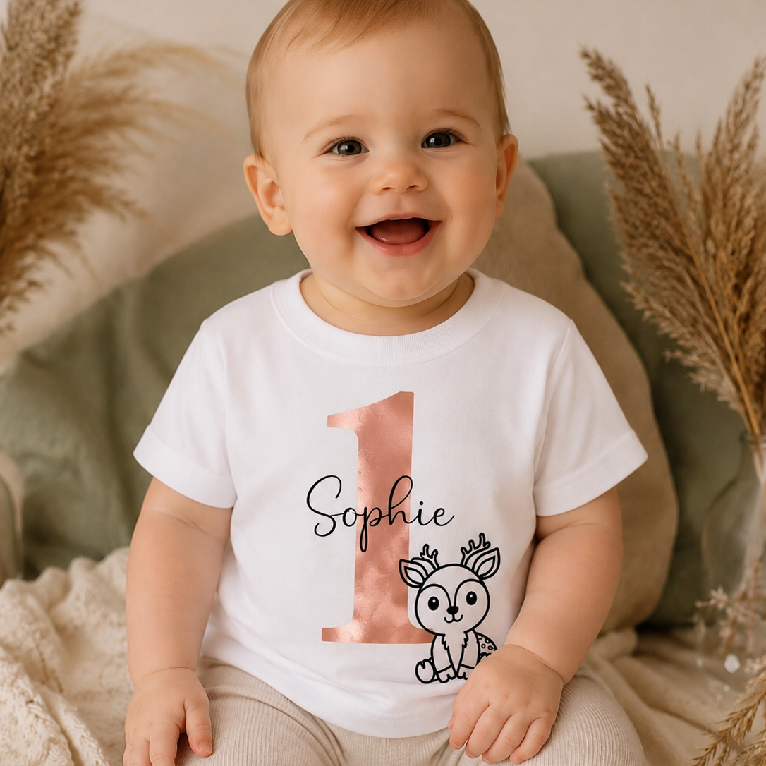 Fröhliches Baby trägt ein personalisiertes T-Shirt zum 1. Geburtstag mit roségoldener Zahl 1, Wunschname Sophie und niedlichem Rehmotiv. Individuelles Geschenk zum ersten Geburtstag für Mädchen.