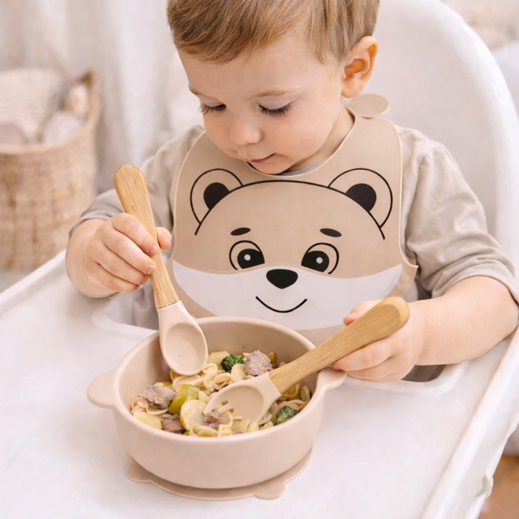 Personalisiertes Kinderbesteck Set aus Silikon, Babygeschenk zur Geburt mit Name 