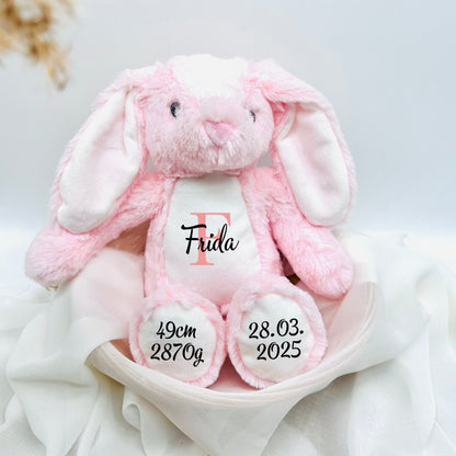 Rosa Kuscheltier Hase mit Name und Geburtsdaten permanent bedruckt - Geschenk zur Geburt, Taufe oder zum 1 Geburtstag