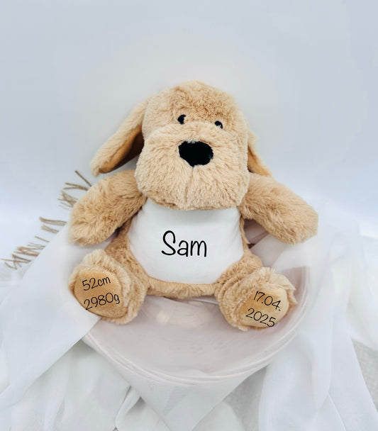 Kuscheltier Hund mit Name und Geburtsdaten bedruckt