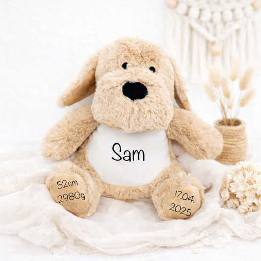 Personalisiertes Kuscheltier Hund mit Name und Geburtsdaten bedruckt, Geschenk zur Geburt 