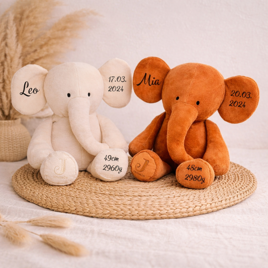 Personalisiertes Kuscheltier mit Name und Geburtsdaten, Geschenk zur Geburt, Elefant mit Namensdruck 