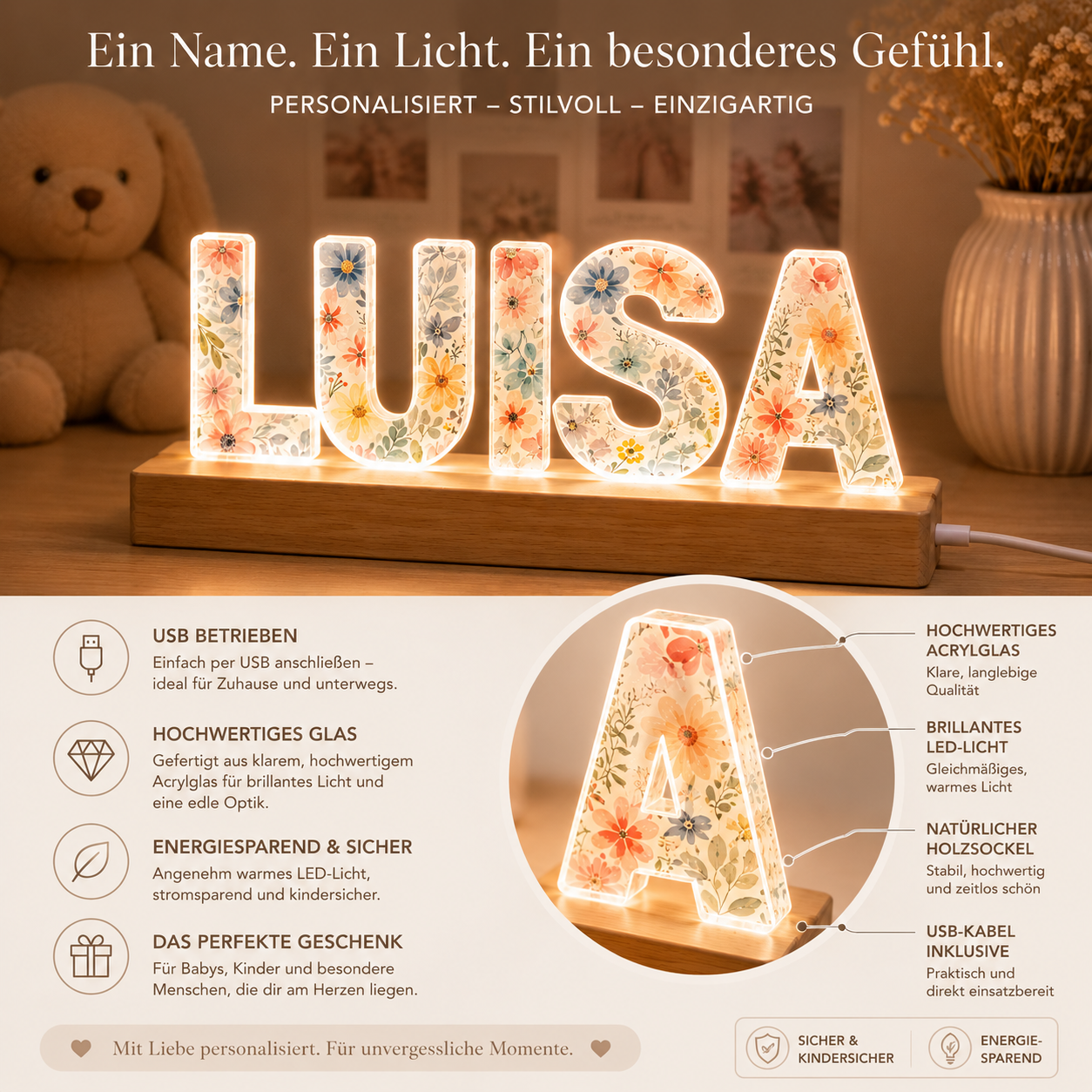     Hochwertige Acrylglas Namenslampe mit LED Beleuchtung USB betriebene LED Namenslampe für Kinderzimmer