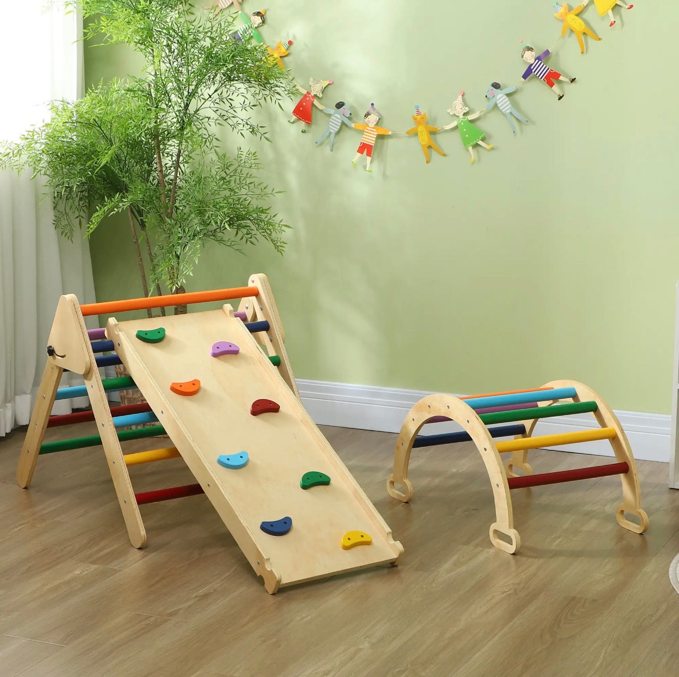 Pikler Dreieck mit Rutsche aus Holz, Buntes Klettergerüst für Kinder ab 1 Jahr, Holzspielzeug für Kleinkinder zum klettern 