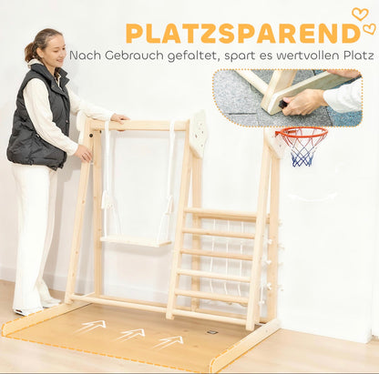 Spielturm aus Holz für Kleinkinder mit Rutsche und Schaukel im Kinderzimmer platzsparend 