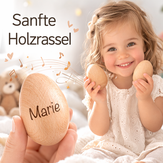 Rasselei aus Holz / Holzrassel mit Gravur - einzigartigliebe