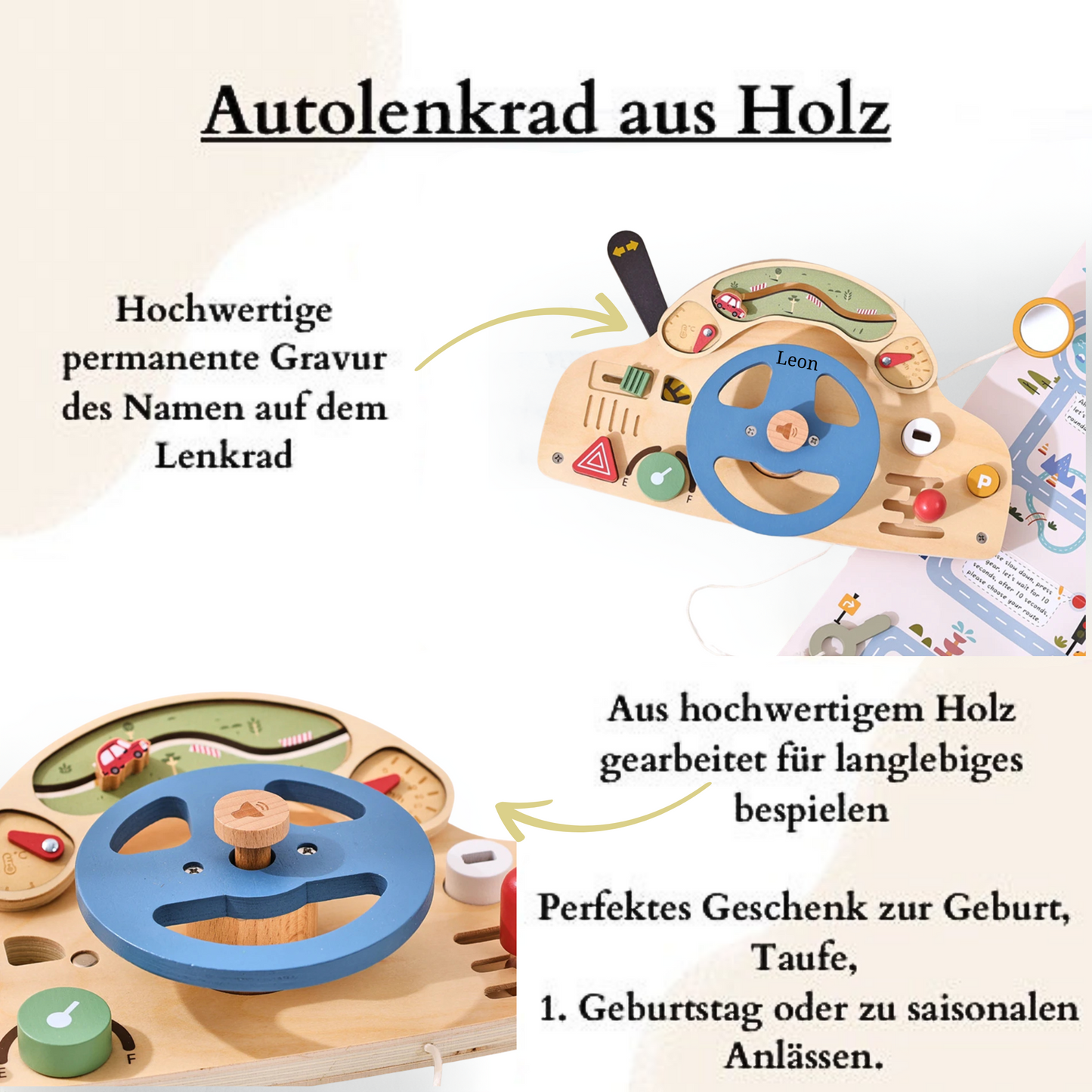 Autolenkrad aus Holz mit permanenter Gravur des Namen , perfektes Geschenk zur Taufe oder 1 Geburtstag 