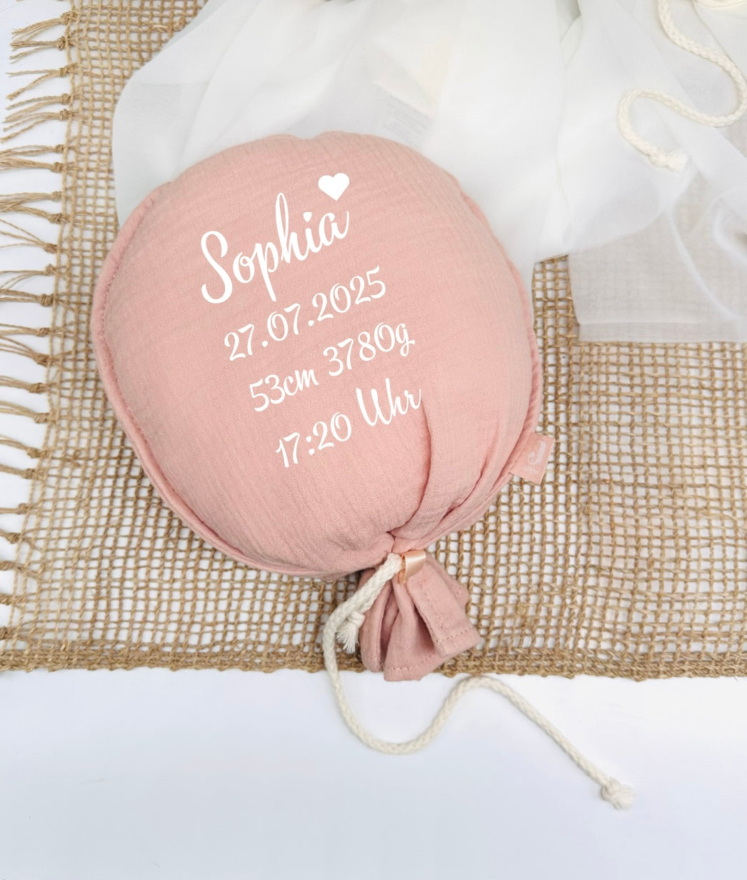 Rosa Stoffballon mit Geburtsdaten – personalisierte Dekoration zur Geburt oder Taufe für Mädchen