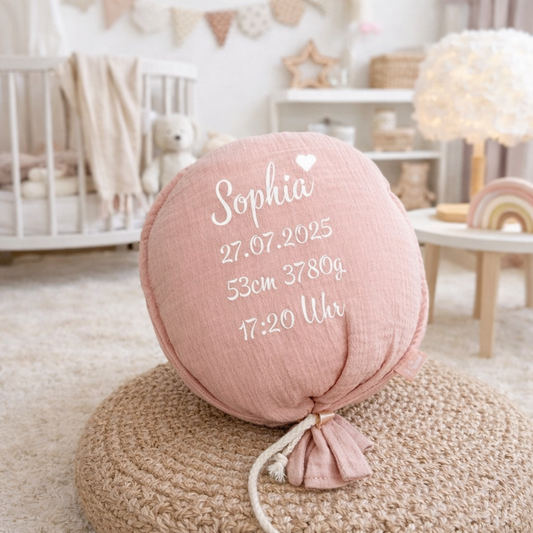 Rosa Stoffballon zur Geburt mit Name und Geburtsdaten - Geschenkidee für Kinder zur Taufe, Geburt oder Geburtstag
