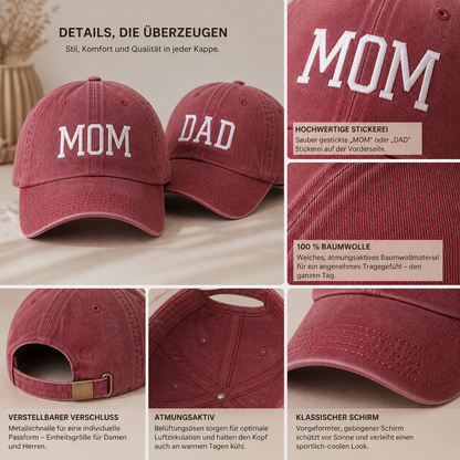 Rote „MOM“-Cap oder „DAD“- Cap aus Baumwolle, frontal fotografiert