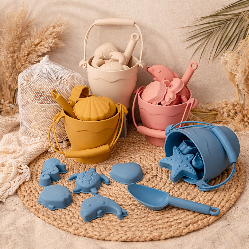 Sandspielzeug aus Silikon in Rosa, Beige, Blau oder Gelb