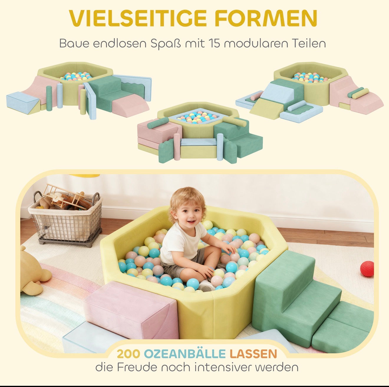 Kleinkinder spielen im Indoor Bällebad mit Schaumstoff Spielbausteinen